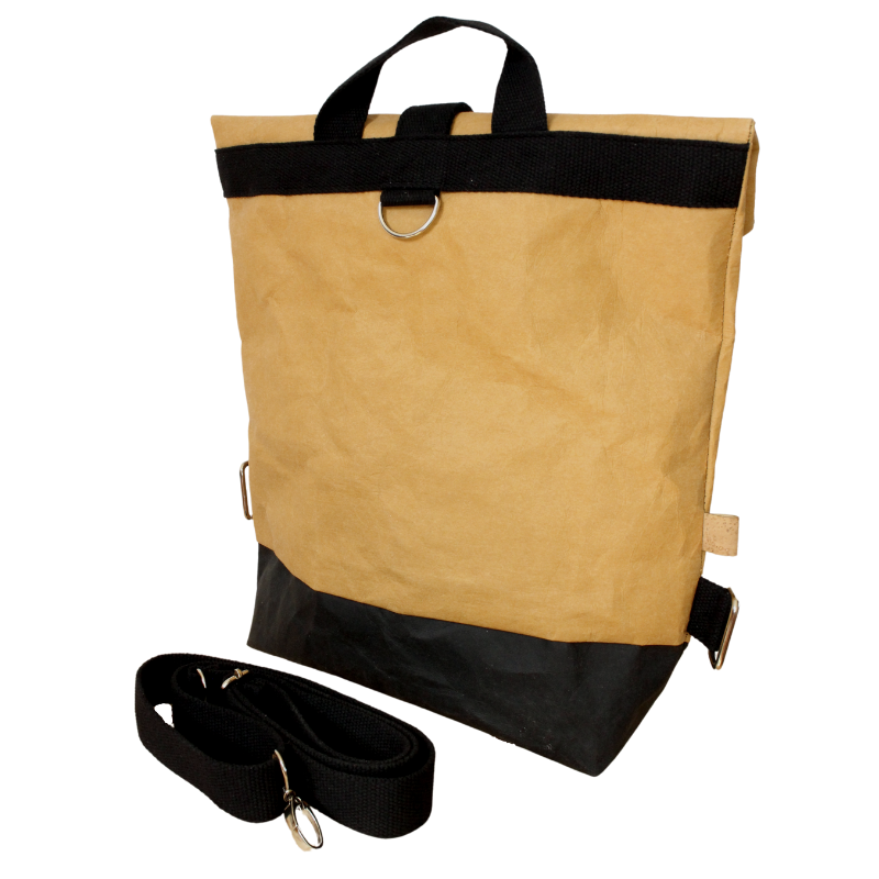 Aspen backpack from behind with detachable black shoulder straps. Colour in tan and black.
